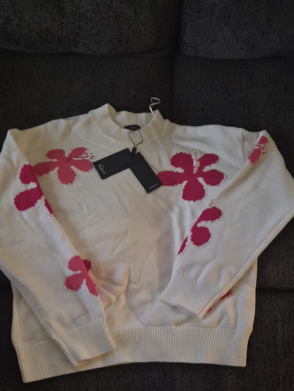 Rails White Crewneck Sweater with Pink Floral Motifs